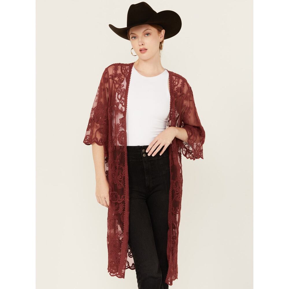 Shyanne Duster Long Kimono One Size Red Floral Lace Open Front‎ Western Boho